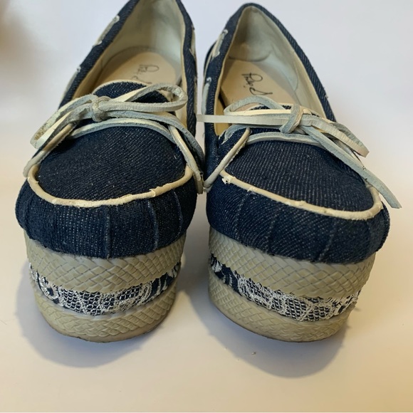 Philip Simon Blue Denim Embroidered Platforms with White Tie Bow - Picture 4 of 11